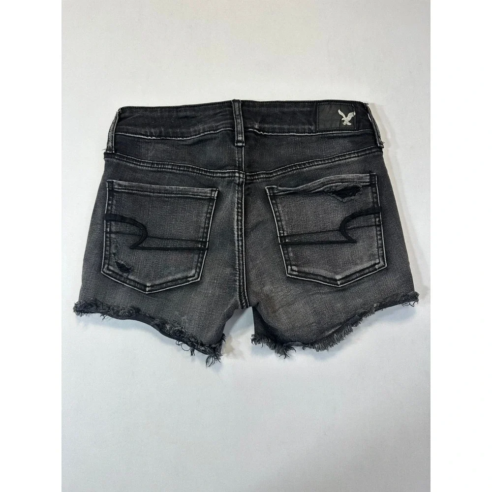 American Eagle Super Stretch Distressed Black Denim Shorts Womens Size 4 Frayed - Picture 2 of 14